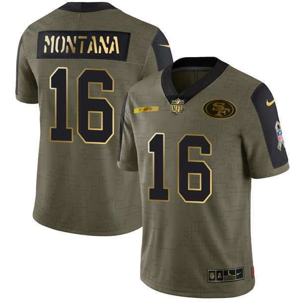 Men's San Francisco 49ers #16 Joe Montana 2021 Olive Camo Salute To Service Golden Limited Stitched Jersey Men's San Francisco 49ers #16 Joe Montana 2021 Olive Camo Salute To Service Golden Limited Stitched Jersey